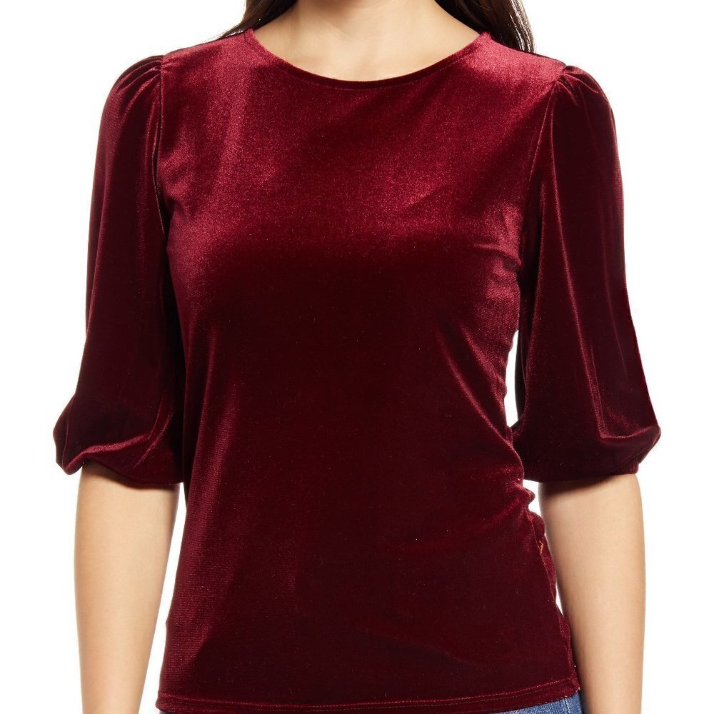 HALOGEN BNWT Burgundy Velvet Top Velour Bubble Sleeve New